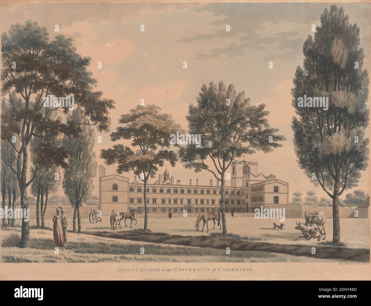 Cambridge University: Jesus College, Thomas Malton the Younger, 1748–1804, britisch, 1799, farbige Aquatinta, Blatt: 15 x 20 (38.1 x 51,4 cm), Architekturfach, Cambridge University, Cambridgeshire, England Stockfoto