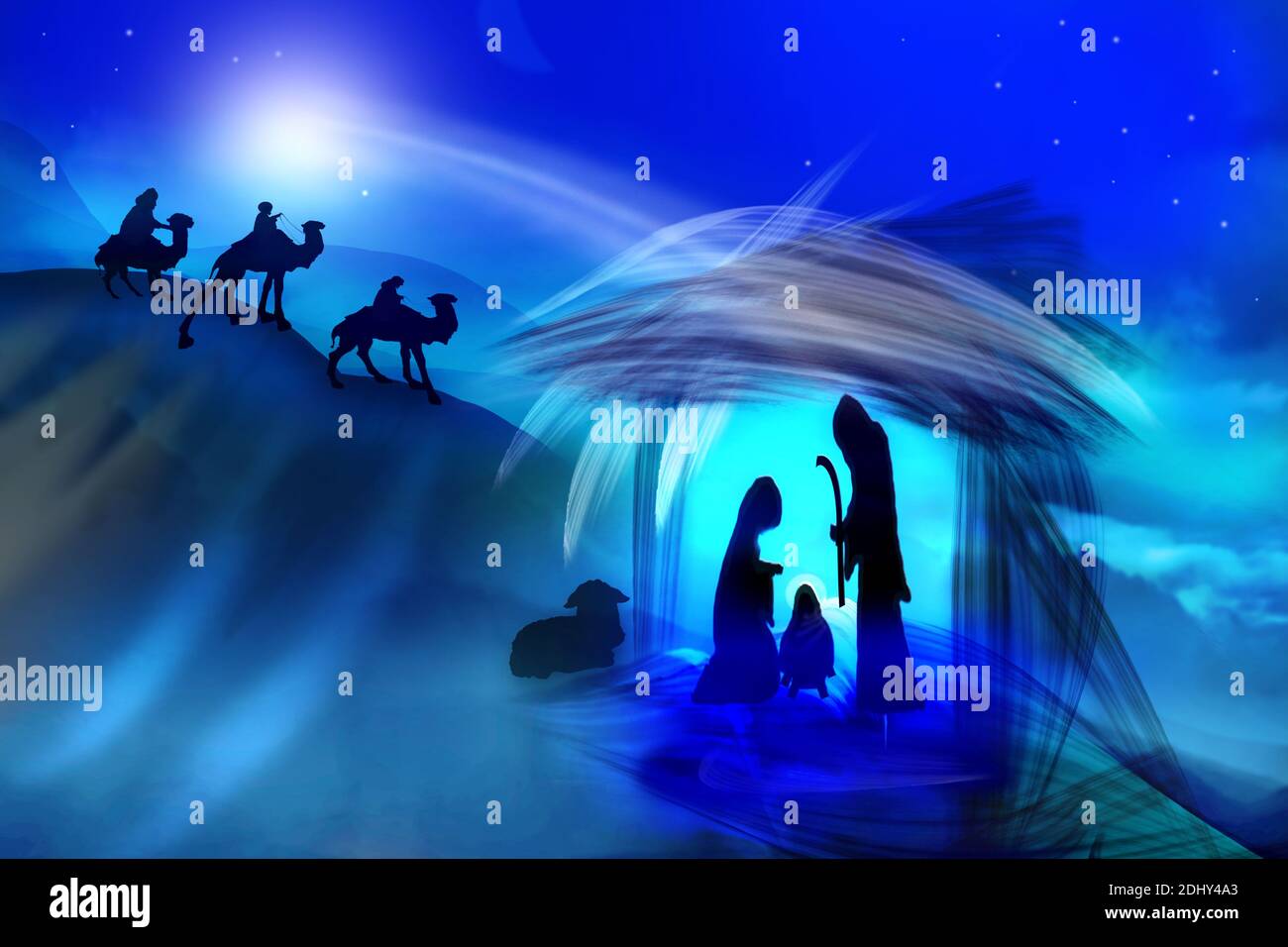 Weihnachtskrippe mit dem Jesuskind in der Krippe und Maria mit Joseph. Weihnachten Hintergrund. Stockfoto