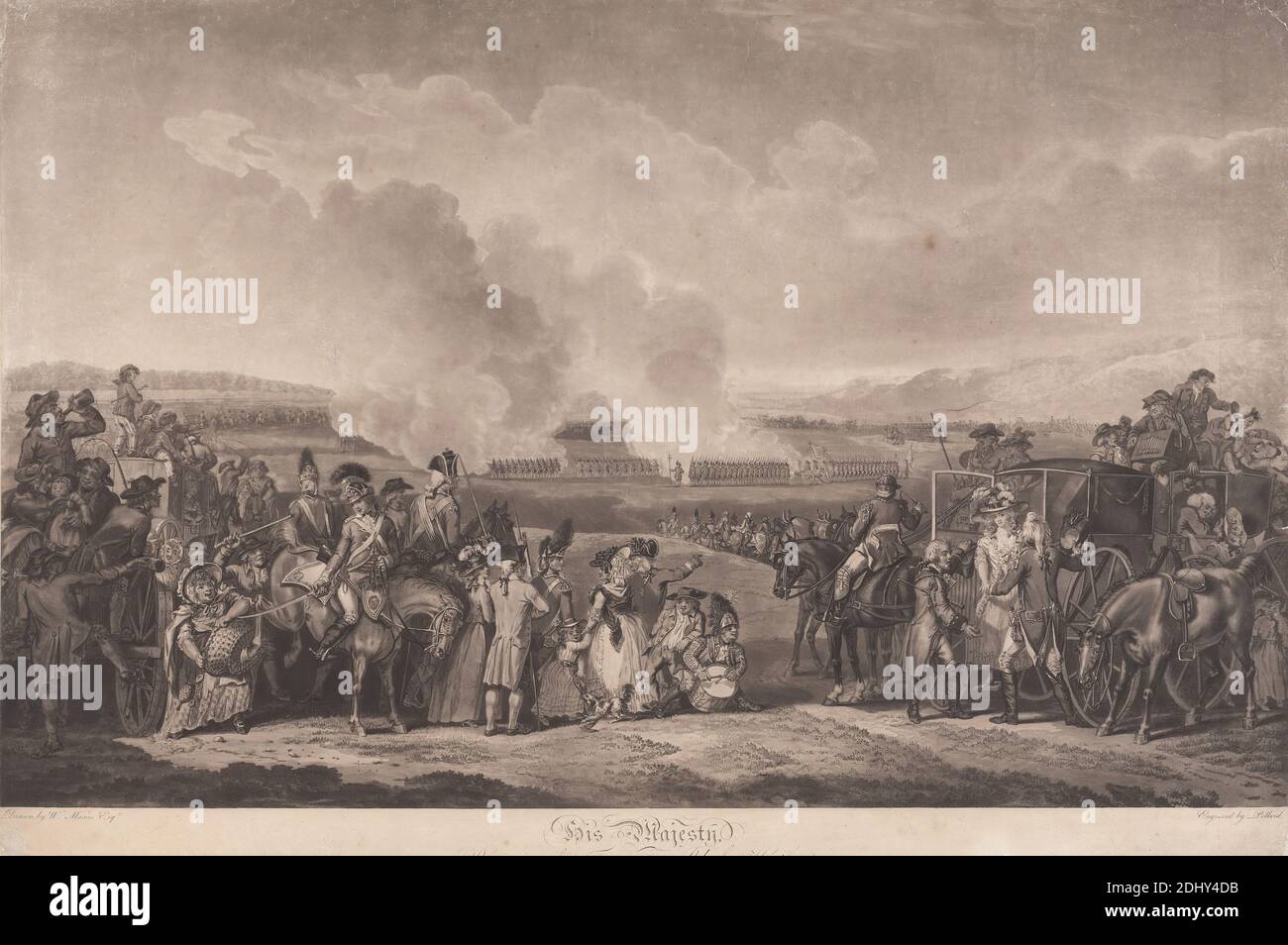 His Majesty reviewing his Trupps on Black Heath, Robert Pollard, 1755–1838, British, after William Mason, 1724–1797, British, 1797, Aquatint, Radierung und Gravur auf mäßig dickem, leicht strukturiertem, cremefarbenen, gedeckten Papier, Blatt: 18 13/16 × 28 cm (71.1 × 47.8 Zoll) und Bild: 17 1/2 × 27 13/16 Zoll (44.5 × 70.6 cm Stockfoto