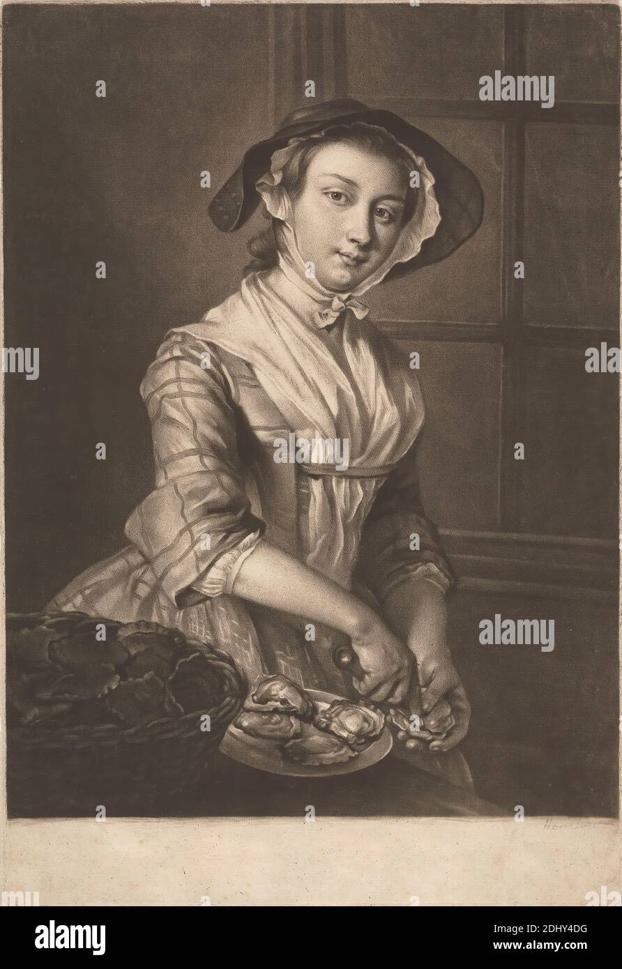 Oysterinda (Native Meltons), Druck gemacht von Richard Houston, ca. 1721–1775, britisch, nach Philippe Mercier, 1689 oder 1691–1760, deutsch-französisch, in Großbritannien tätig (ab 1716), ca. 1756, Mezzotint, Platte: 12 7/8 x 8 (32.7 x 22,5 cm), Figurenstudie, Genremotiv, Austern Stockfoto