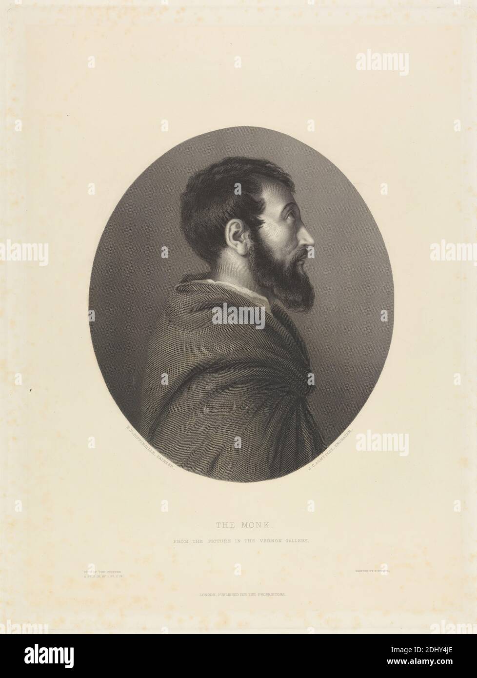 The Monk, Druck von James Charles Armytage, 1802–1897, britisch, nach Edward Rippingille, 1798–1859, britisch, gedruckt von George Virtue, ca. 1820–1908, britisch, zwischen 1833 und 1853, Strichgravur und Radierung auf dickem, leicht strukturiertem, cremefarbenem Papier mit cremefarbenem Chine-Collé, Blatt: 19 15/16 x 13 9/16 cm (34.5 x 50.6 Zoll), Platte: 14 7/16 x 10 7/8 Zoll (36.6 x 27.7 cm), Chine-Collé: 13 9/16 × 10 1/16 Zoll (34.4 × 25.6 cm), und Bild: 8 1/4 x 7 1/16 Zoll (21 x 18 cm), Bart, Mantel, Augen, Blick, Kapuze, Mann, Mönch, oval, Porträt, Profil (Figur Stockfoto