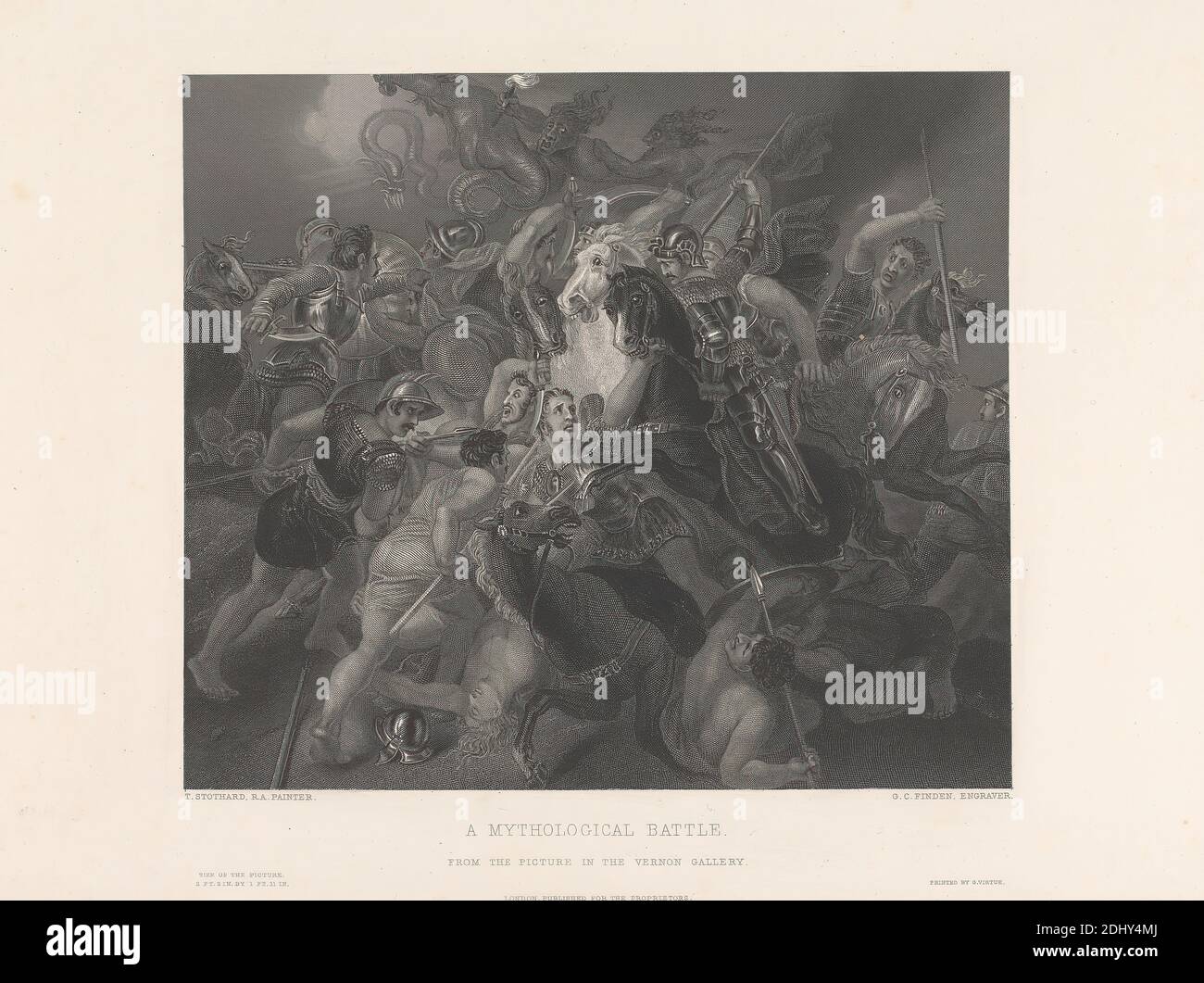 A mythological Battle, George C. Finden, 1811–1885, britisch, nach Thomas Stothard, 1755–1834, britisch, gedruckt von George Virtue, ca. 1820–1908, britisch, 1853, Strichgravur, Stippelgravur und Radierung auf dickem, leicht strukturiertem, cremefarbenem Papier mit cremefarbenem Chine-Collé, Blatt: 13 11/16 x 19 15/16 Zoll (34.8 x 50.6 cm), Platte: 10 1/2 x 14 Zoll (26.6 x 35.5 cm), Blatt: 9 3/4 x 13 3/16 Zoll (24.7 x 33.5 cm), und Bild: 7 11/16 x 8 7/8 Zoll (19.5 x 22.5 cm), Rüstung, Kampf, Bärte, Zügel, Dolche, Kampf, Helme, Pferde (Tiere), Männer, Monster, Mythologie, religiöse und Stockfoto