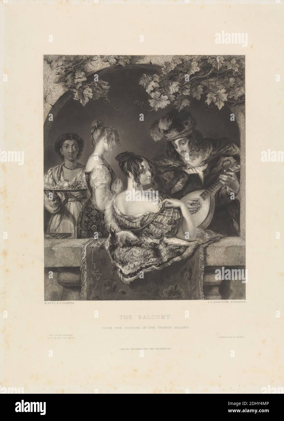 The Balcony, Druck von James Charles Armytage, 1802–1897, britisch, nach William Etty, 1787–1849, britisch, gedruckt von George Virtue, ca. 1820–1908, britisch, zwischen 1835 und 1854, Radierung und Strichgravur auf dickem, leicht strukturiertem, cremefarbenem Papier mit cremefarbenem Chine-Collé, Blatt: 20 x 13 11/16 cm (34.7 x 50.8 Zoll), Platte: 14 1/2 x 10 7/8 Zoll (36.8 x 27.7 cm), Blatt: 14 1/16 x 10 5/16 Zoll (35.7 x 26.2 cm), und Bild: 9 1/8 x 7 7/16 Zoll (23.1 x 18.9 cm), Bogen, Balkon, Kostüm, Locken, Blumen (Motive), Essen, Obst, Fell, Genremotiv, Geste, Kleider, Laute, Mann, Minnesänger Stockfoto
