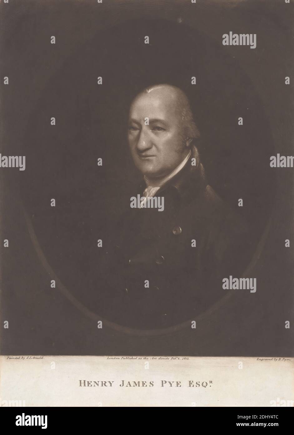 Henry James Pye, Esq, B. Pym, aktiv 1793–1805, nach Samuel J. Arnold, aktiv 1800–1808, Deutsch, 1801, Mezzotint auf Medium, leicht strukturiert, beige, wove paper, mounted on mäßig dick, leicht strukturiert, creme, wove paper, Mount: 23 7/8 × 17 1/8 inches (60.6 × 43.5 cm), Sheet: 14 7/8 × 10 13/16 Zoll (37.8 × 27.5 cm) und Bild: 13 × 10 13/16 Zoll (33 × 27.5 cm Stockfoto