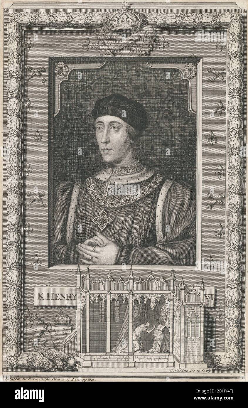 King Henry VI, George Vertue, 1684–1756, britisch, nach Zeichnung von George Vertue, 1684–1756, britisch, nach Malerei eines unbekannten Künstlers, 1732, Strichgravur auf Medium, leicht strukturiert, creme, Papier gelegt, aufgezogen, mäßig dick, leicht strukturiert, creme, Papier gewebt, Einfassung: 23 7/8 × 17 1/8 Zoll (60.6 × 43.5 cm), Blatt: 11 3/16 × 7 5/16 Zoll (28.4 × 18.6 cm) und Bild: 10 5/8 × 7 1/16 Zoll (27 × 17.9 cm Stockfoto