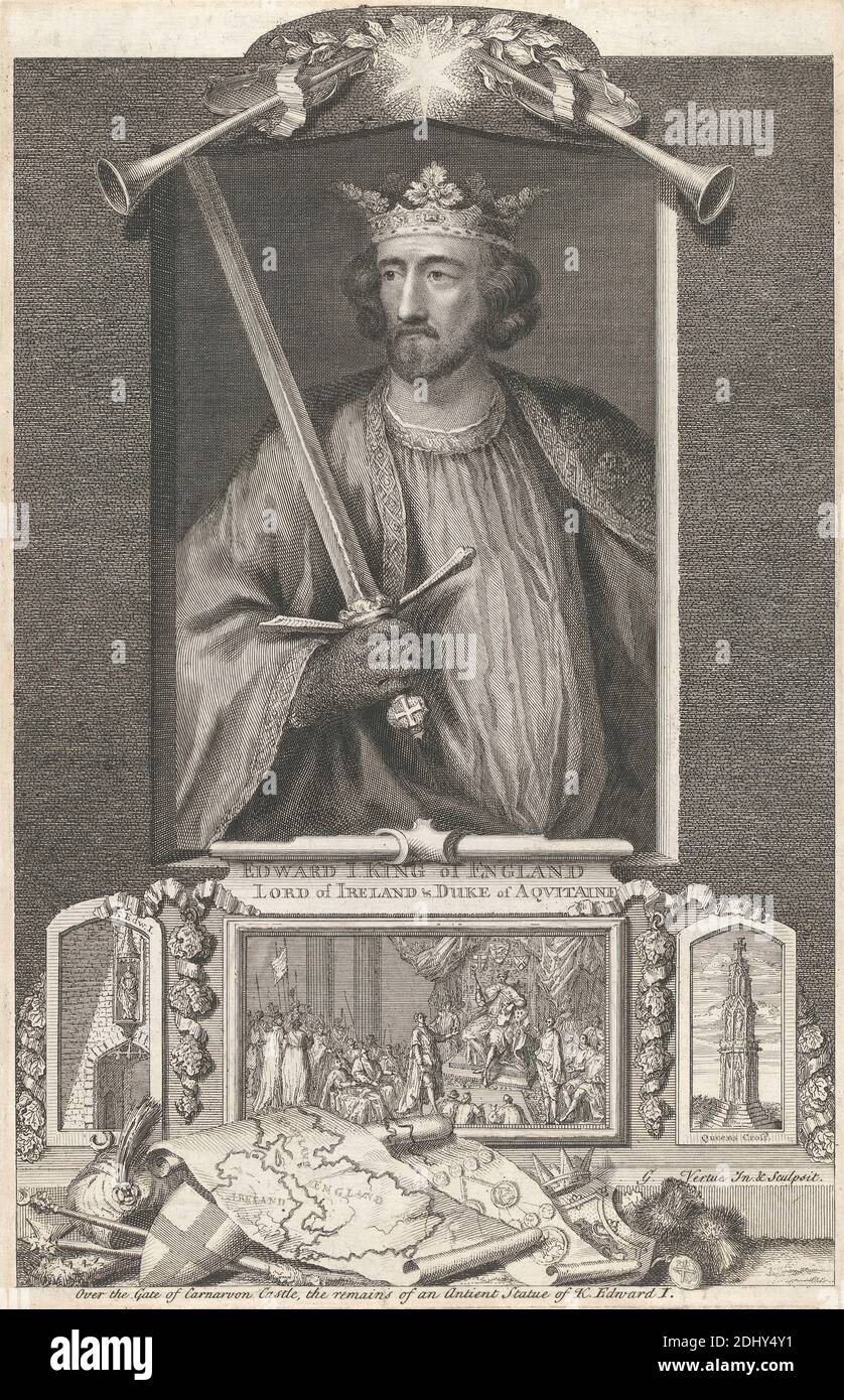 Edward I., König von England, Herr von Irland und Herzog von Aquitaine, George Vertue, 1684–1756, britisch, nach einer Statue eines unbekannten Künstlers, undatiert, Gravur auf Medium, leicht strukturiert, creme, getupftes Papier, montiert, mäßig dick, leicht textuiert, creme, gewobene Papiere, Berg: 23 3/4 × 17 1/8 Zoll (60.3 × 43.5 cm), Blatt: 11 3/8 × 7 3/8 Zoll (28.9 × 18.7 cm) und Bild: 10 5/8 × 7 1/16 Zoll (27 × 17.9 cm) Stockfoto