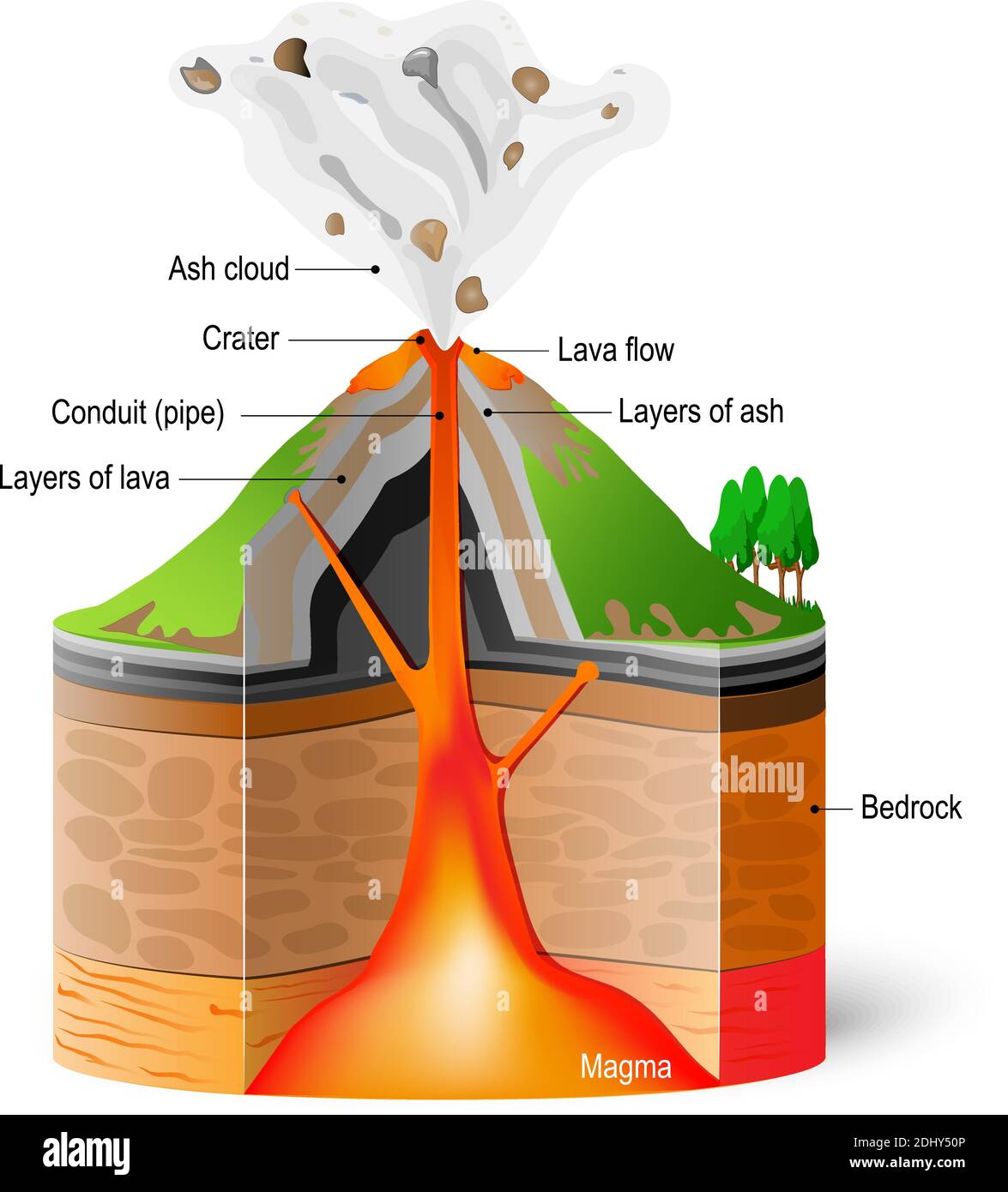 Querschnitt eines Vulkans. Eruptionsschema auf weißem Hintergrund. Vektor-Infografik Stock Vektor