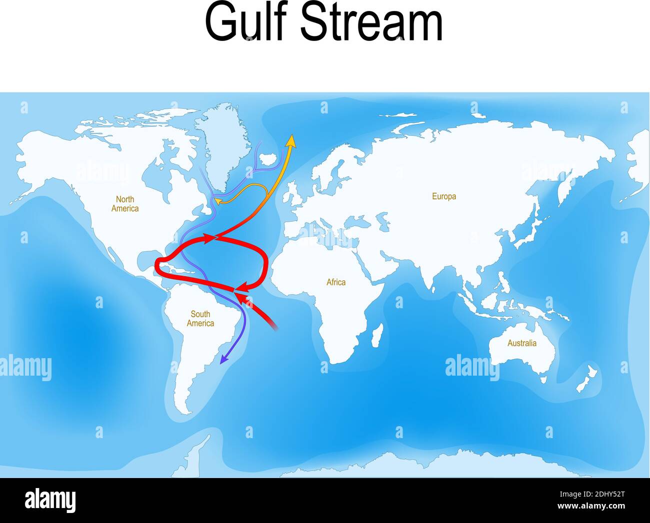 Der Golfstrom ist eine warme und schnelle atlantische Meeresströmung, die aus dem Golf von Mexiko stammt. Rot - warme Oberflächenströmungen Stock Vektor