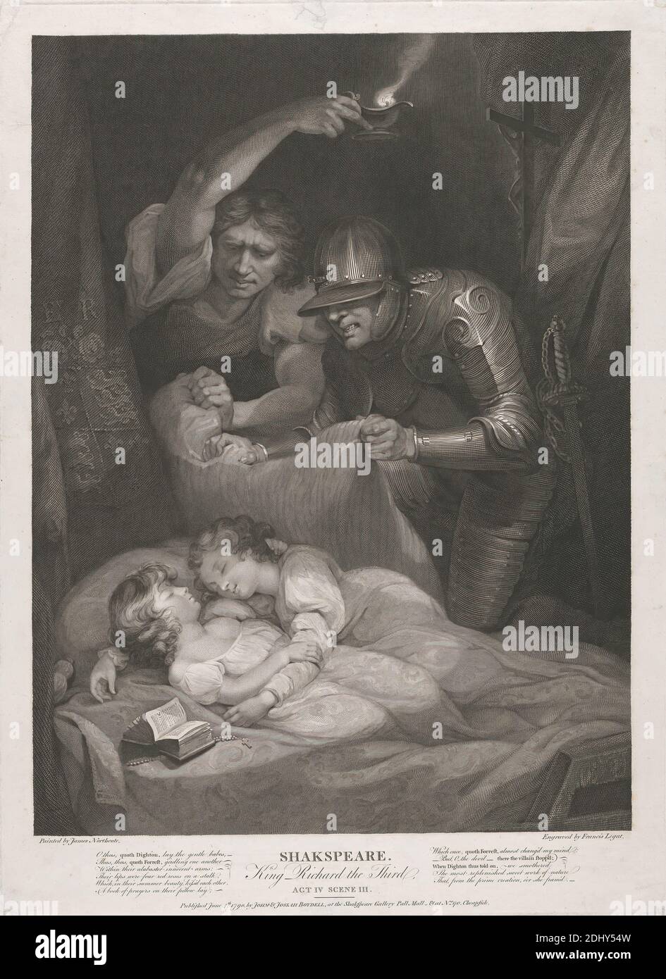 König Richard der Dritte: IV. Akt, III. Szene (der Mord an den Prinzen im Turm), Druck von Francis Legat, 1755–1809, britisch, nach James Northcote, 1746–1831, britisch, 1790, Strichgravur auf Medium, leicht strukturiert, cremefarbenes Papier, Blatt: 22 5/8 × 16 1/2 Zoll (57.5 × 41.9 cm) und Bild: 19 5/8 × 14 5/8 Zoll (49.8 × 37.1 cm), Rüstung, Schlafzimmer, Bibel, Decke, Brüder, Kerze, Kinder (Menschen nach Altersgruppe), Kreuz (Objekt), literarisches Thema, Mord, Rosenkranz, Schwert Stockfoto