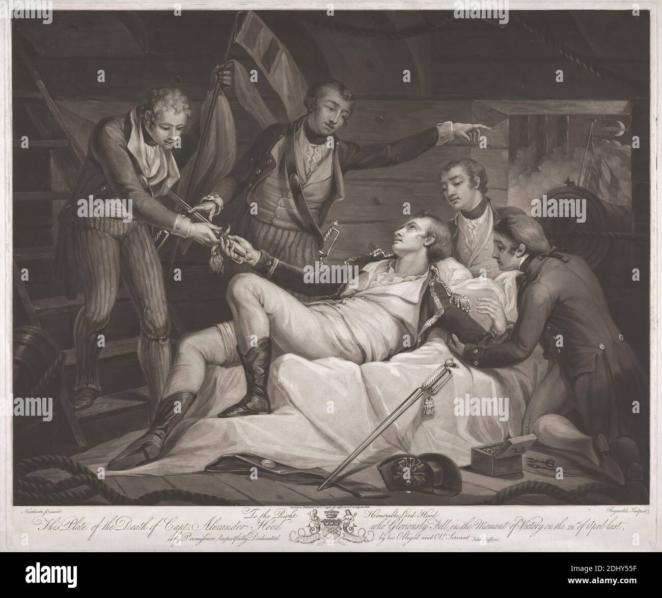 Death of Captain Alexander Hood, Druck von Samuel William Reynolds, 1773–1835, britisch, nach James Northcote, 1746–1831, britisch, 1798, Mezzotint auf mäßig dickem, mäßig strukturiertem, cremefarbenem, gewobenem Papier, Blatt: 22 1/8 × 26 1/2 cm (67.3 × 56.2 Zoll), Platte: 21 3/4 × 25 7/8 Zoll (55.2 × 65.7 cm), und Bild: 19 3/4 × 25 3/8 Zoll (50.2 × 64.5 cm), Boote, Kapitän (Militäroffizier), Sterben, Flagge, Genre Thema, militärische Kunst, Matrosen, Schwerter Stockfoto