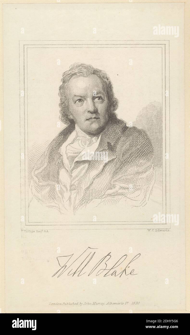 William Blake, William Camden Edwards, 1777–1855, British, after Thomas Phillips, 1770–1845, British, Published by John Murray, 1802–1892, British, 1830, Strichgravur und Radierung auf mäßig dickem, leicht strukturiertem, cremefarbenem Wove-Papier, in Halterung gelegt, Blatt: 5 7/16 x 3 1/4 Zoll (13.8 x 8.2 cm) und Bild: 3 5/16 x 2 5/8 Zoll (8.4 x 6.7 cm), Künstler, Mantel, Kostüm, Cravat, Rüschen, Porträt, Rüschen, Weste Stockfoto