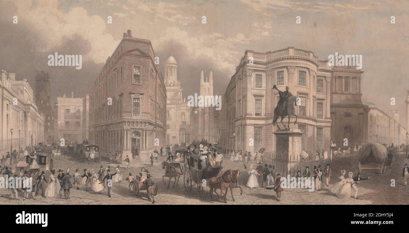 The Bank of England and Royal Exchange, Cornhill, Henry Wallis, 1830–1916, britisch, nach James Henry Nixon, c.1808–1847, 1840, handkolorierter Stich auf glattem, mäßig dickem beigefarbenem Papier, Blatt: 7 5/8 × 15 1/8 Zoll (19.4 × 38.4 cm), architektonisches Motiv Stockfoto