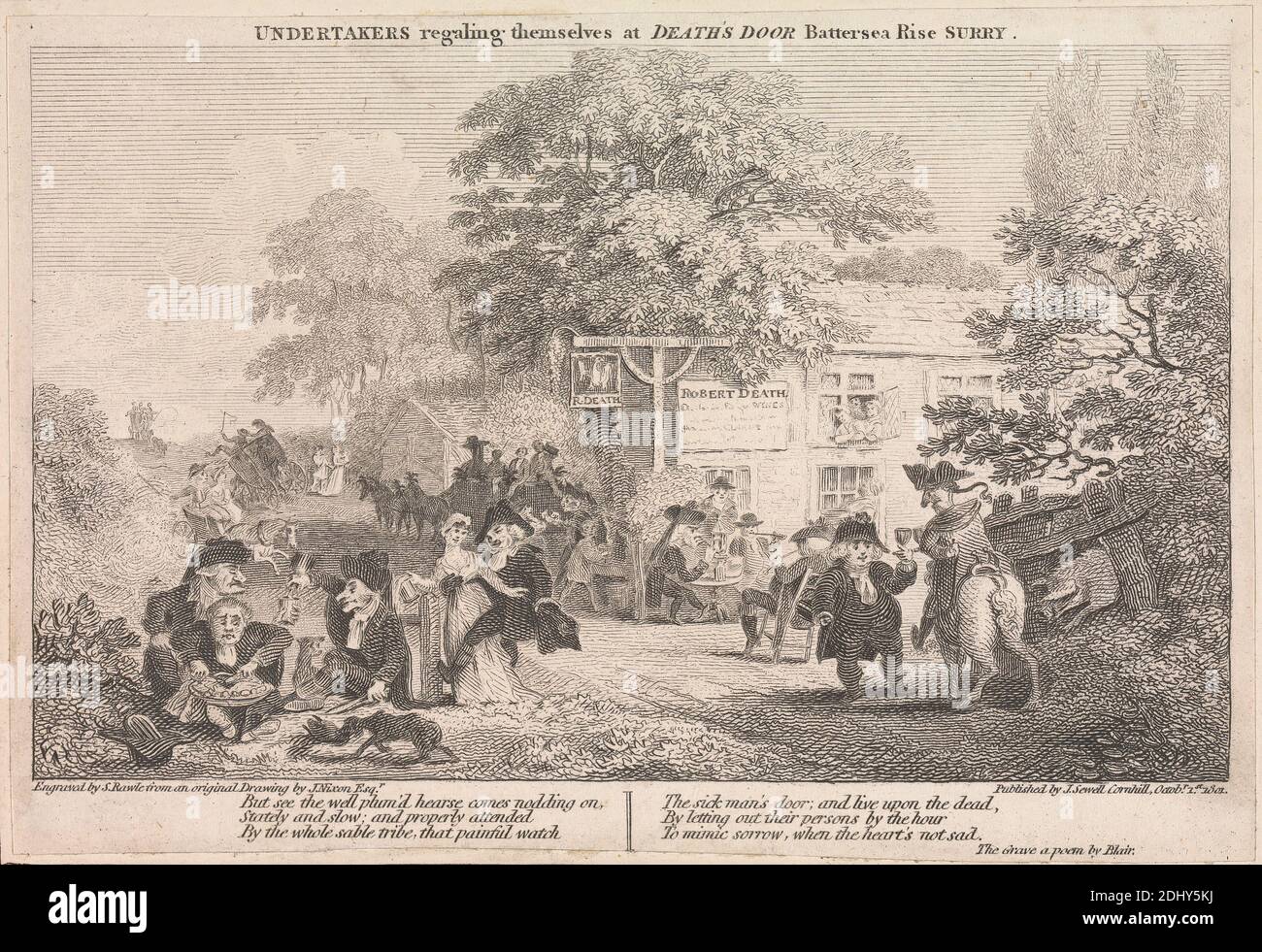 Premier Map of London and Suburbs: Bestatter, die sich am Todeseingang, Battersea Rise, Surry, Samuel Rawle, 1771–1860, britisch, nach John Nixon, ca. 1760–1818, Britisch, 1801, Gravieren auf leicht strukturiertem, mittlerem, weißem Wove-Papier, Blatt: 4 5/8 × 6 7/8 Zoll (11.7 × 17.5 cm) und Halterung: 5 1/2 × 7 7/8 Zoll (14 × 20 cm), architektonisches Motiv Stockfoto