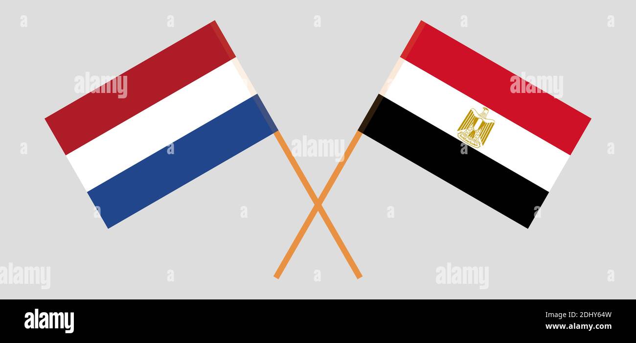 Gekreuzte Flaggen von Ägypten und den Niederlanden. Offizielle Farben. Korrektes Verhältnis. Vektorgrafik Stock Vektor