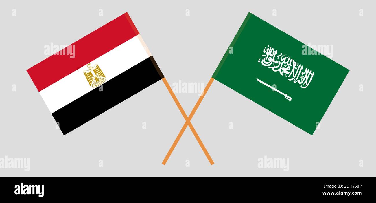 Gekreuzte Flaggen von Ägypten und dem Königreich Saudi-Arabien. Offizielle Farben. Korrektes Verhältnis. Vektorgrafik Stock Vektor
