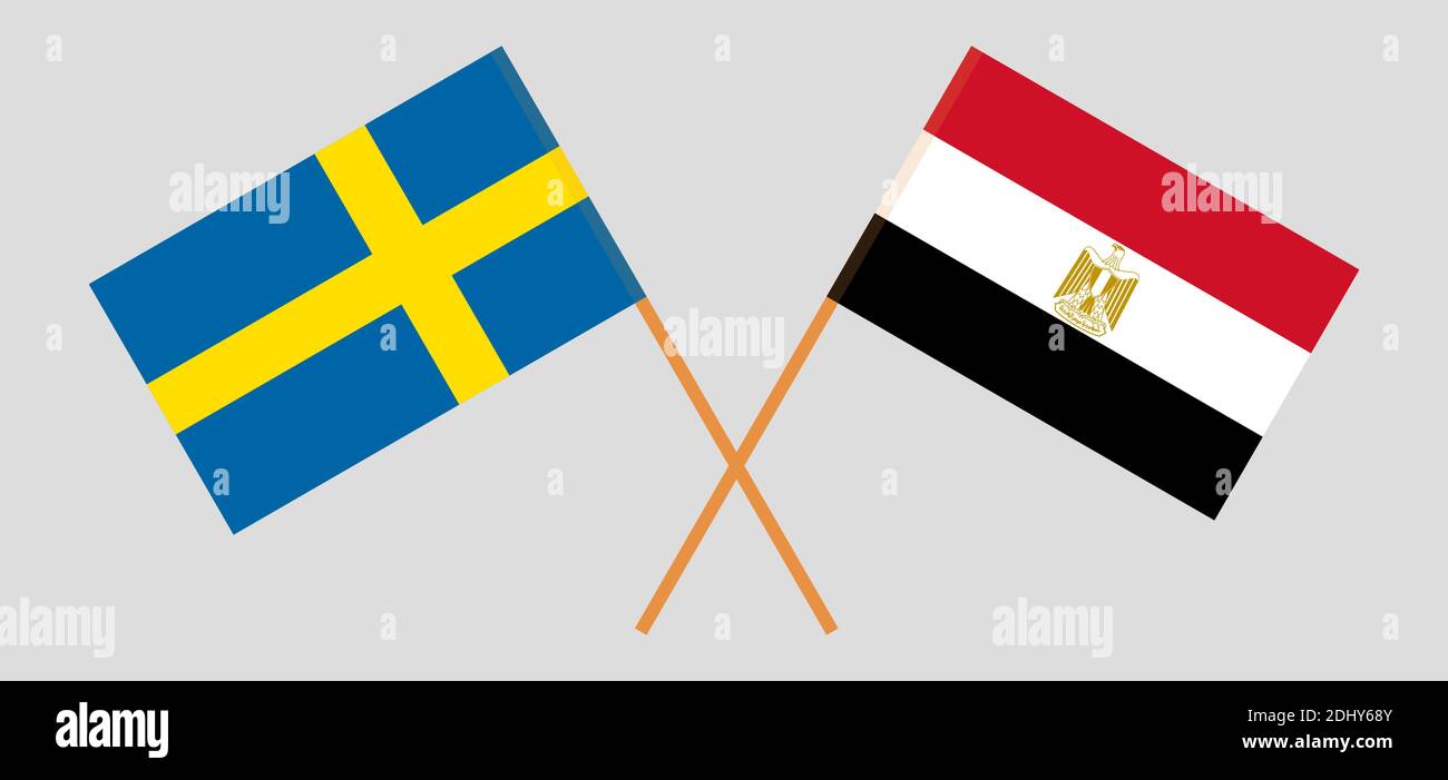 Gekreuzte Flaggen von Ägypten und Schweden. Offizielle Farben. Korrektes Verhältnis. Vektorgrafik Stock Vektor