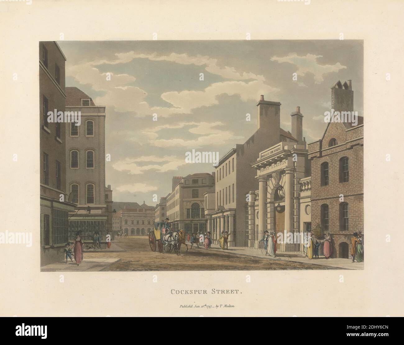 Cockspur Street, unbekannter Künstler, nach Thomas Malton the Younger, 1748–1804, britisch, ODER nach Thomas Malton, 1726–1801, britisch, 1797, Aquatint, handfarbig, Blatt: 11 7/8 x 15 (30.2 x 38,4 cm Stockfoto