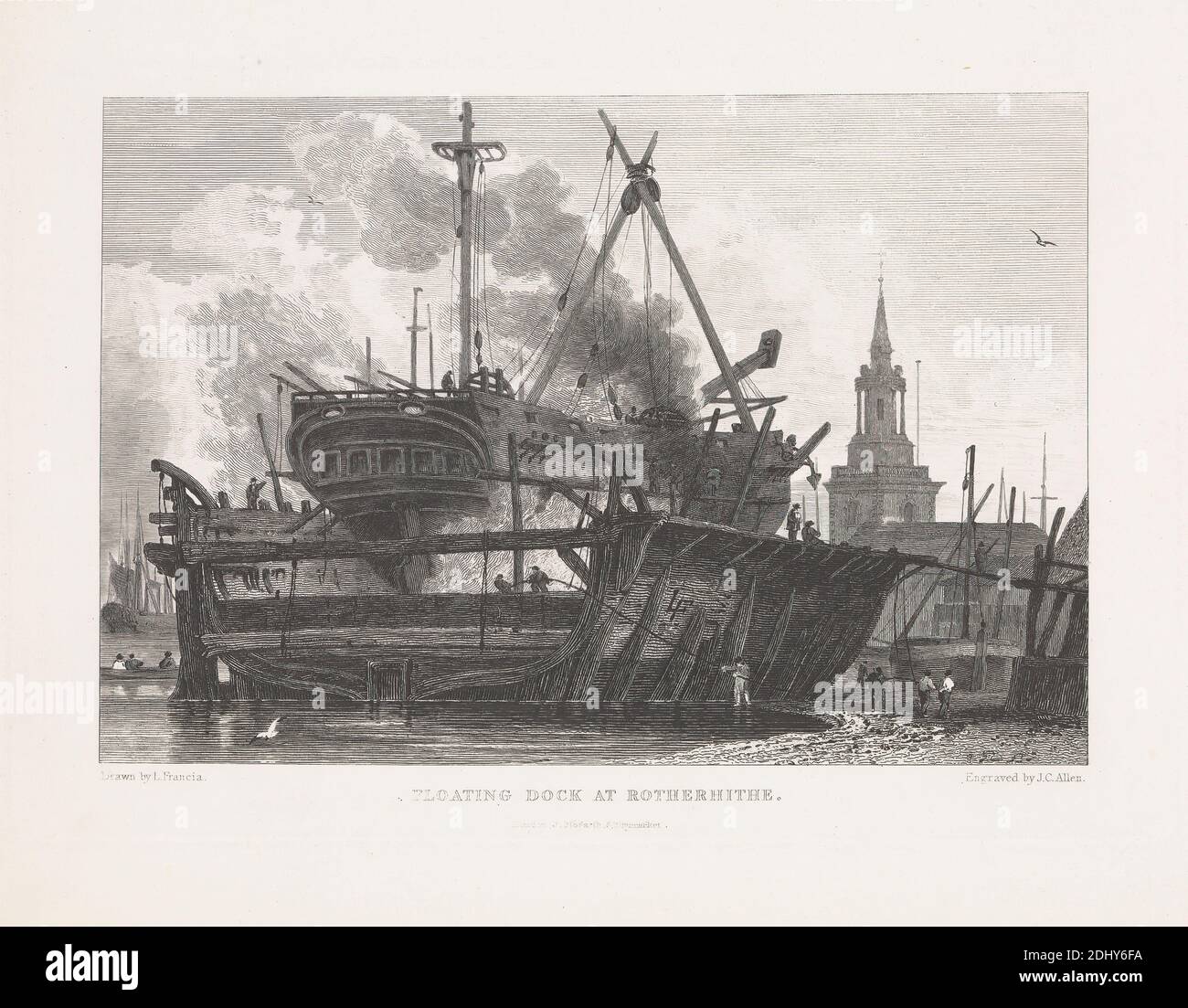 Floating Dock at Rotherhithe, James C. Allen, aktiv 1821–1831, britisch, nach François Louis Thomas Francia, 1772–1839, französisch, in Großbritannien aktiv, undatiert, Gravur auf glattem, mäßig dickem, weißem Wove-Papier, Blatt: 8 5/16 × 10 3/8 Zoll (21.1 × 26.4 cm), Platte: 6 3/8 × 9 1/2 Zoll (16.2 × 24.1 cm) und Bild: 5 1/2 × 8 1/8 Zoll (14 × 20.6 cm Stockfoto