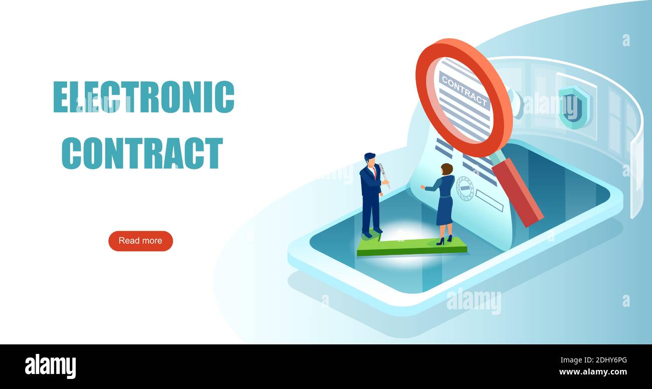 Elektronisches Vertrags- und digitales Signaturkonzept. Vektor der Geschäftsleute, die Online-E-Vertrag Dokument unterzeichnen Stock Vektor