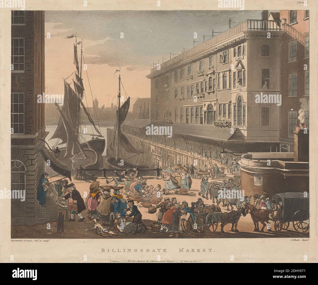 Billingsgate Market, nach Thomas Rowlandson, 1756–1827, British, John Bluck, Active 1791–1831, British, und nach Augustus Charles Pugin, 1762–1832, French, 1808, handkoloriertes Aquatinta auf leicht strukturiertem, mittlerem, cremefarbenem Wove-Papier, Blatt: 9 1/8 × 11 1/8 Zoll (23.2 × 28.3 cm) und Bild: 7 7/8 × 10 1/4 Zoll (20 × 26 cm), Architekturmotiv Stockfoto