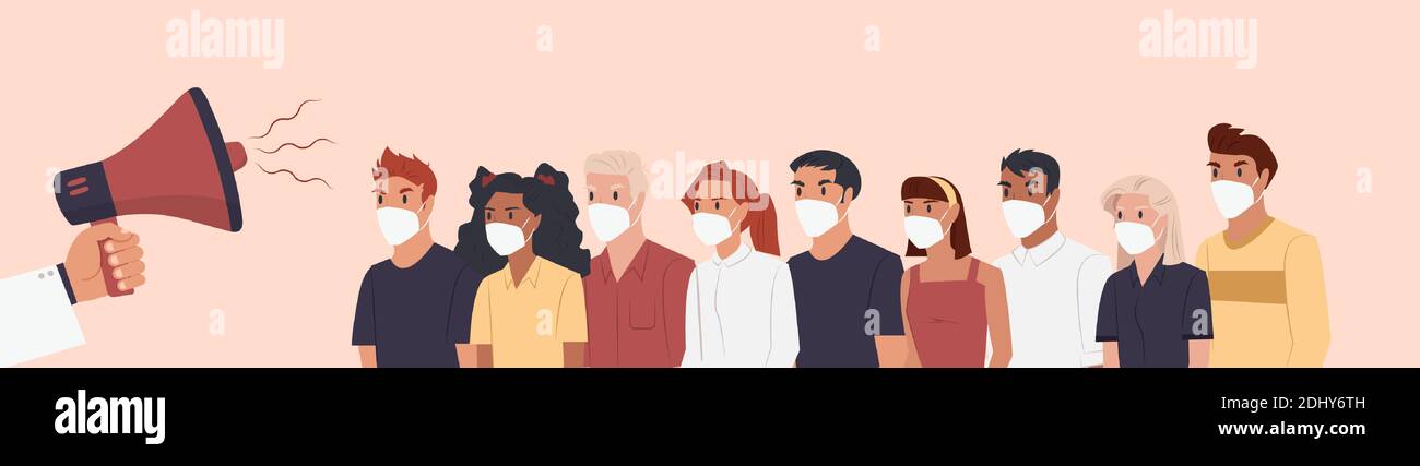 Vektor einer Gruppe von Menschen tragen Gesichtsmasken hören An einen Arzt mit Megaphon, der eine Ankündigung macht Stock Vektor