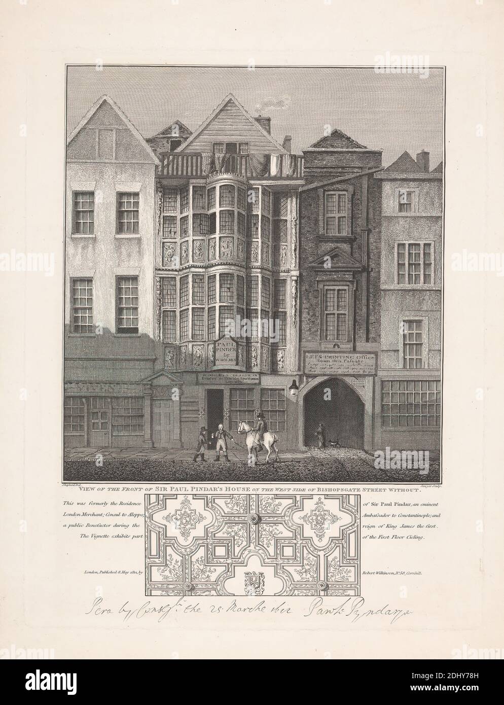 Ansicht der Vorderseite von Sir Paul Pindars Haus auf der Westseite der Bishopsgate Street, Richard Sawyer, aktiv 1820–1830, nach Thomas Hosmer Shepherd, 1792–1864, britisch, 1812, Gravieren, Blatt: 15 5/16 x 11 7/8in. (38.9 x 30,2 cm Stockfoto
