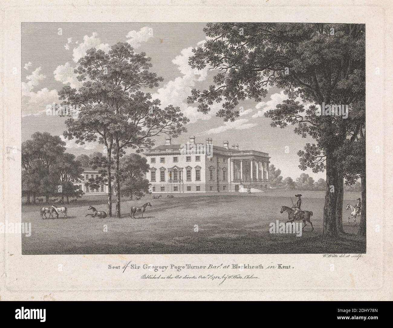 Sitz von Sir Gregory Page Turner Bart in Blackheath in Kent, William Watts, 1752–1851, britisch, nach William Watts, 1752–1851, britisch, 1782, Graving, Blatt: 6 3/8 x 8 7/8in. (16.2 x 22,5 cm Stockfoto