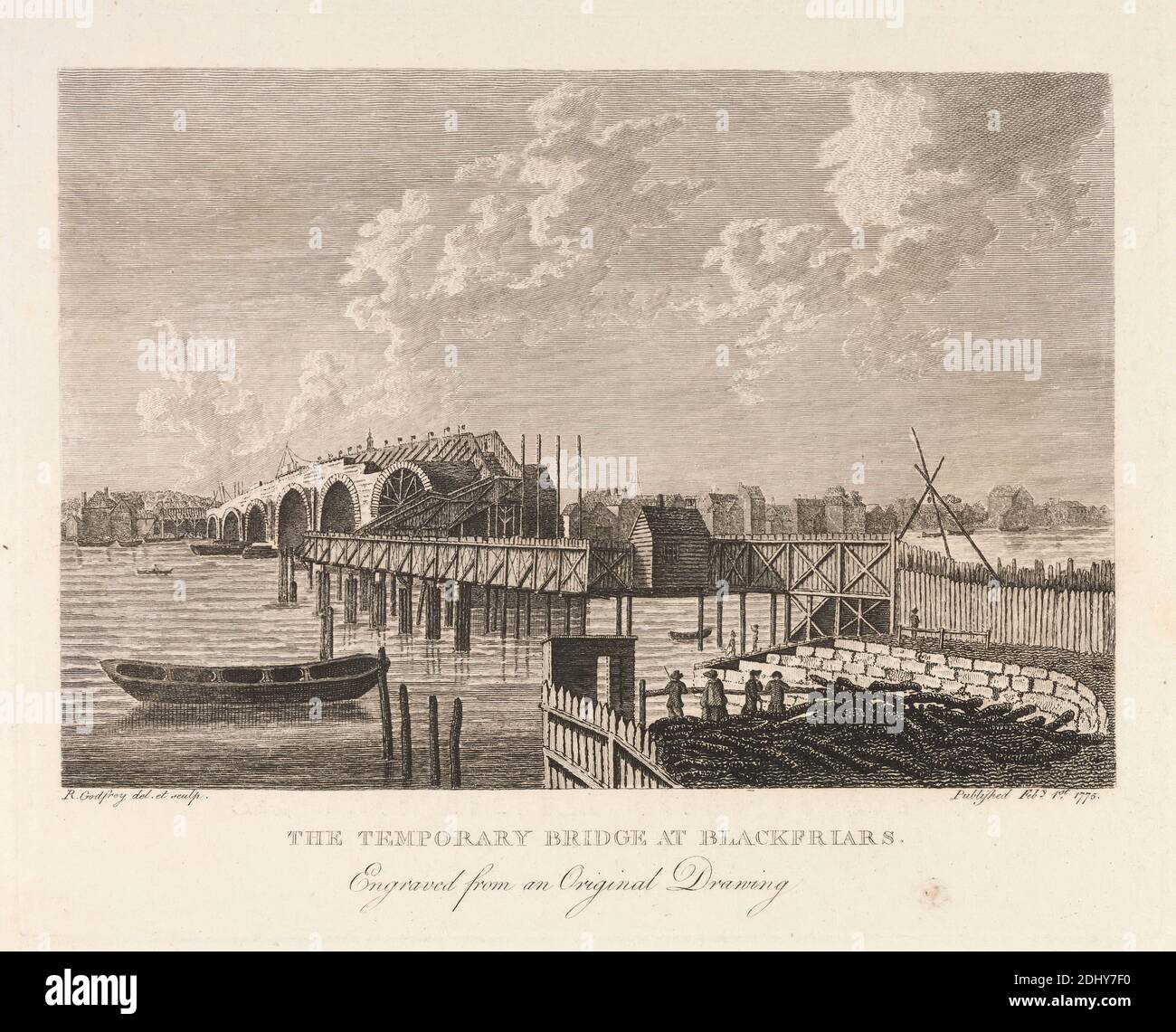 The Temporary Bridge at Blackfriars, Richard Bernard Godfrey, 1728–op.1794, britisch, nach Richard Bernard Godfrey, 1728–op.1794, britisch, 1775, Gravieren, Blatt: 8 1/4 x 10 3/8in. (21 x 26,4 cm Stockfoto