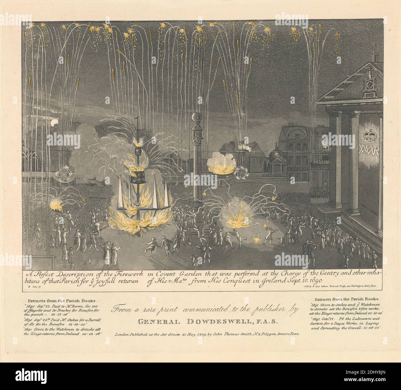 Firework Performance in Covent Garden 1690, unbekannter Künstler, nach Bernard Lens, 1659–1725, britisch, 1809, Aquatint, Blatt: 9 15/16 x 11 (25.2 x 28,4 cm Stockfoto