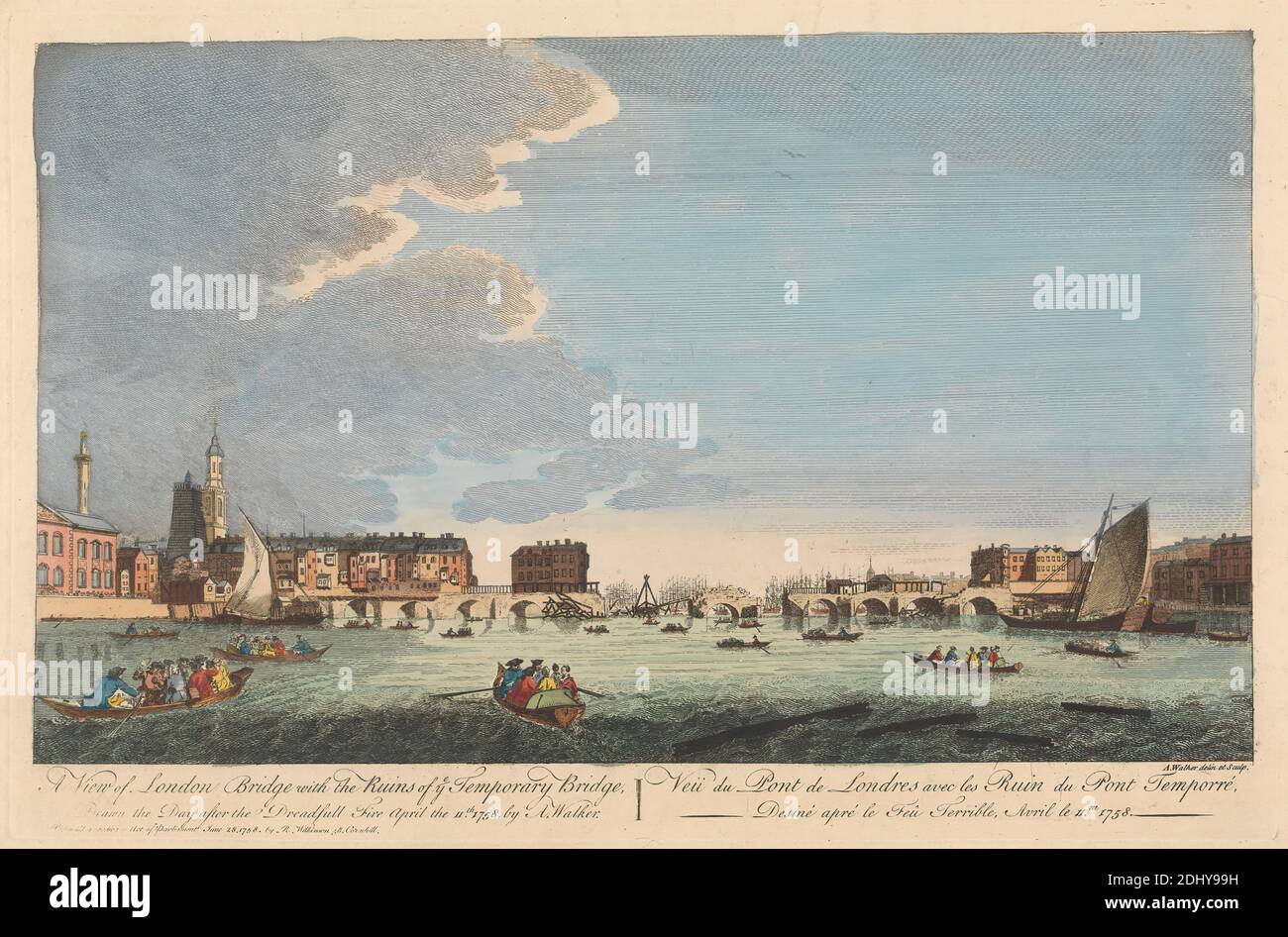 A View of London Bridge with Ye Ruins of Ye Temporary Bridge after the Fire of 11. April 1758, Anthony Walker, 1726–1765, britisch, nach Anthony Walker, 1726–1765, britisch, 1758, handkolorierter Stich, Blatt: 11 x 16 1/2 Zoll (27.9 x 41,9 cm Stockfoto