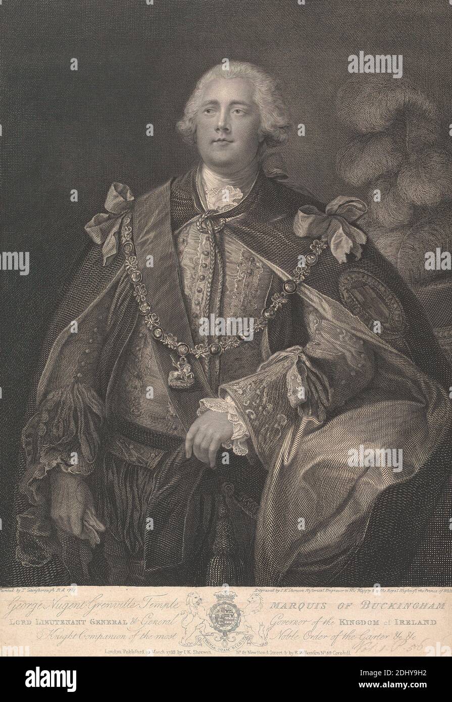George Nugent Grenville Temple Marquis of Buckingham Lord Leiutenant General & General Governor of the Kingdom of Ireland Knight Companion of the Most Noble Order of the Garter..., John Keyse Sherwin, c.1751–1790, britisch, nach Thomas Gainsborough RA, 1727–1788, britisch, 1788, Strichgravur, Tafel: 17 x 13in. (43.2 x 33 cm Stockfoto