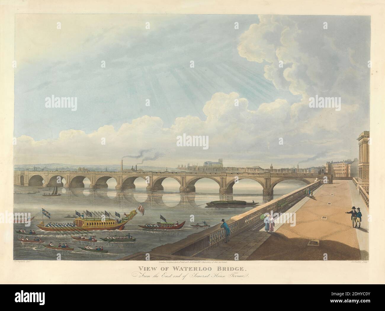 Blick auf die Waterloo Bridge vom East End der Somerset House Terrace, Joseph Constantine Stadler, aktiv 1780–1812, britisch, nach Thomas Hosmer Shepherd, (?), 1792–1864, britisch, 1818, Aquatint, handfarbig, Blatt: 16 1/4 x 21 5/8in. (41.3 x 54,9 cm Stockfoto