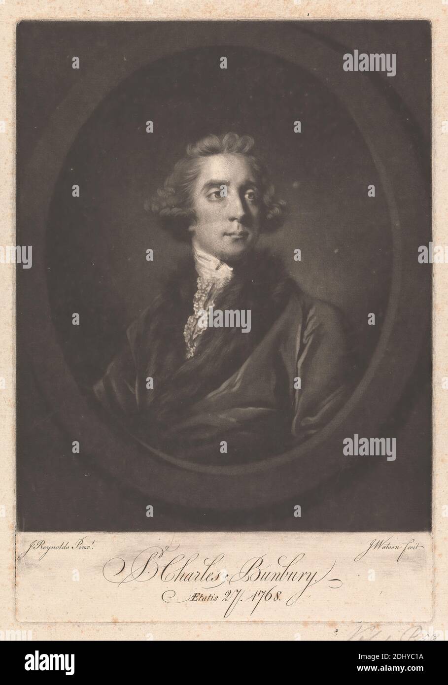 Lord Charles Bunbury, James Watson, 1740–1790, britisch, nach Sir Joshua Reynolds RA, 1723–1792, britisch, 1768, Mezzotint auf mäßig dickem, mäßig strukturiertem, cremefarbenem, gedeckten Papier, Blatt: 14 5/16 × 10 1/16 cm (25.6 × 36.4 Zoll), Platte: 13 1/16 × 9 Zoll (33.2 × 22.9 cm) und Bild: 11 1/8 × 9 Zoll (28.3 × 22.9 cm Stockfoto