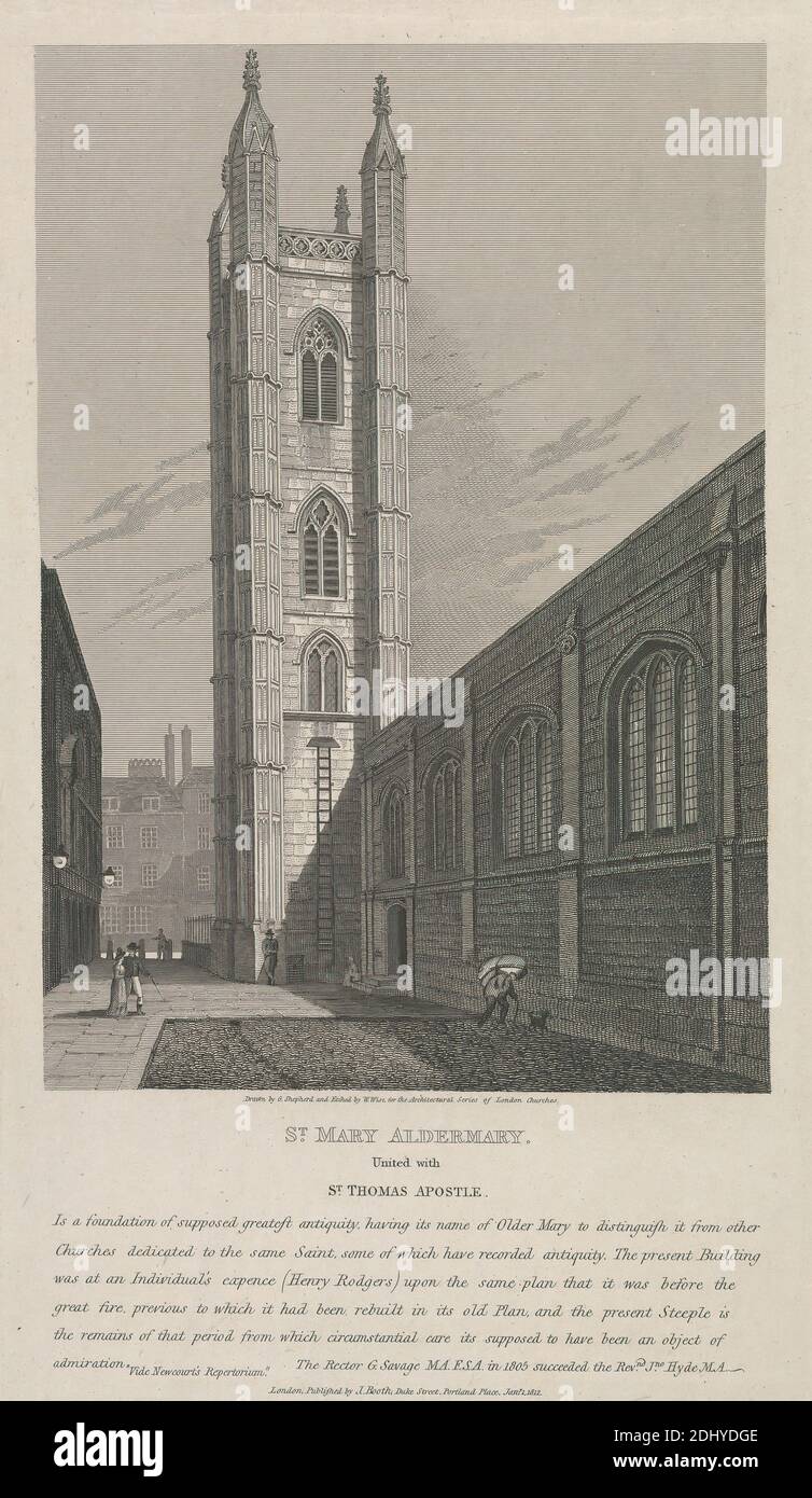 St. Mary, Aldermary, William Wise, Active 1823–1876, britisch, nach George Shepherd, Active 1782–1830, 1812, Radierung, Blatt: 11 3/4 x 6 7/8 Zoll (29.8 x 17,5 cm Stockfoto