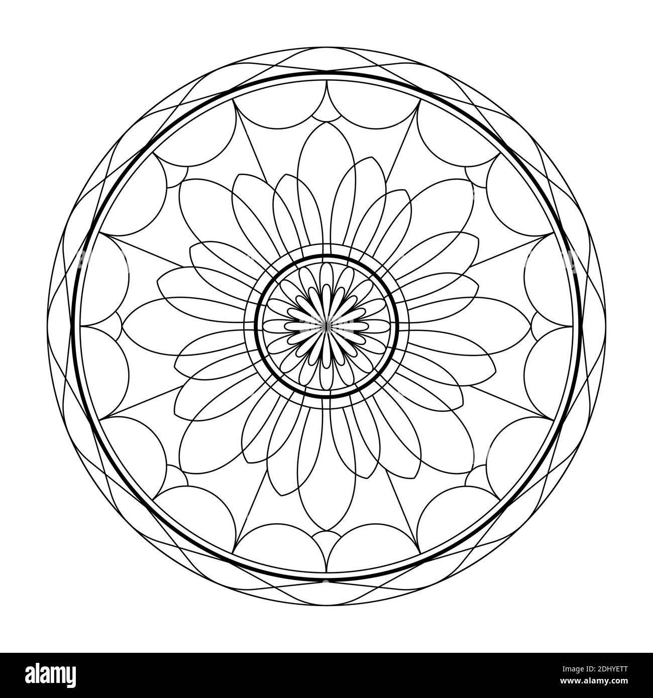 Mandala-Linienvektor. Ein symmetrisches rundes monochromes Ornament. Farbgebung Stock Vektor