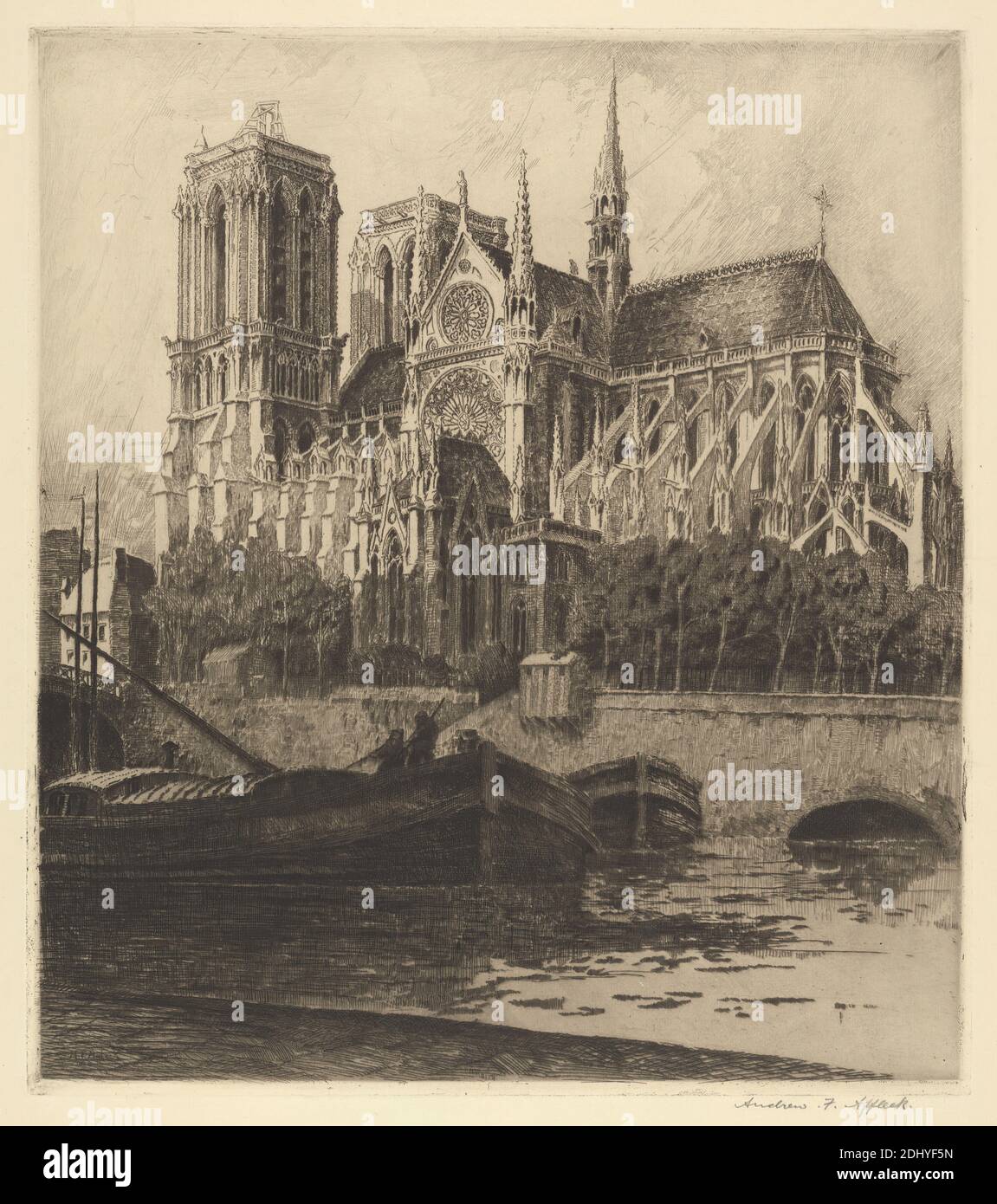 Notre Dame, Druck von Andrew Fairbairn Affleck, 1874/7–1936, 1908, Ätzung und Trockenpunkt auf mäßig dickem, leicht strukturiertem, cremefarbenem Papier, Blatt: 20 11/16 x 15 cm (38.1 x 52.5 Zoll), Platte: 14 1/2 x 12 3/4 cm (32.4 x 36.8 Zoll) und Bild: 14 1/8 x 12 1/2 Zoll (35.9 x 31.7 cm), Bögen, architektonisches Thema, Architektur, Lastkähne (Wasserfahrzeuge mit flachem Boden), Brücke (Bauwerke), Kathedrale, Stadtbild, Kreuze (Objekte), fliegende Strebepfeiler, Wasserspeier, Fluss, Rosenfenster, Seeleute, Kirchtürme (Gebäudeteile), Bäume, Cathédrale Notre-Dame de Paris, Frankreich, Paris, Pont au Stockfoto