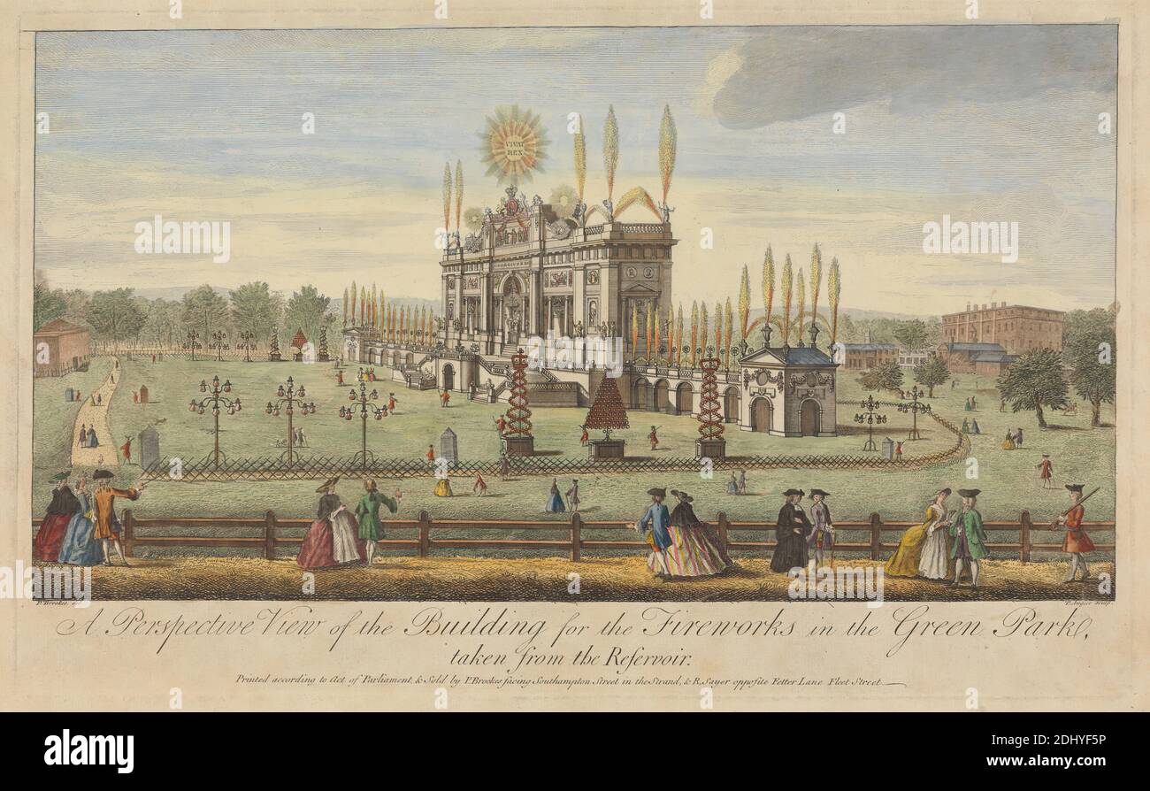 A Perspective View of the Building for the Fireworks in the Green Park, taken from the Reservoir, Print made by Paul Angier, Active 1749, French (Active in London), after P Brookes, Active 1747, British, Published by Robert Sayer, 1725–1794, British, Published by P Brookes, Active 1747, British, 1749, Radierung und Strichgravur mit Handfärbung auf mäßig dickem, mäßig strukturiertem, cremefarbenem Papier, Blatt: 12 3/8 x 18 7/8 Zoll (31.4 x 47.9 cm), Platte: 10 3/4 x 17 5/8 Zoll (27.3 x 44.8 cm), und Bild: 9 x 17 1/8 Zoll (22.9 x 43.5 cm), architektonisches Motiv, Architektur, Tasche-Perücke Stockfoto
