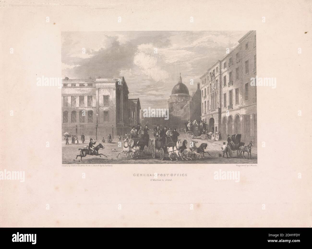 General Post Office, John Woods, aktiv 1836–1860, nach Hablot Knight Browne, 1815–1882, britisch, und Robert Garland, c.. 1808–1863, c. 1835, Gravieren Stockfoto