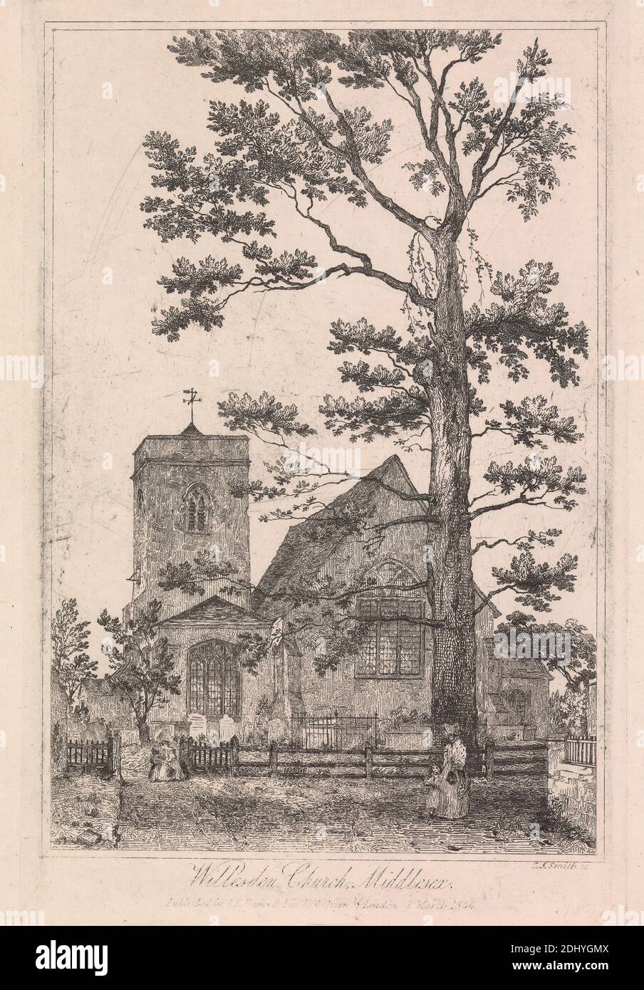 Willesden Church, Middlesex, Charles John Smith, 1803–1838, britisch, nach unbekannter Künstler, 1844, Etching Stockfoto