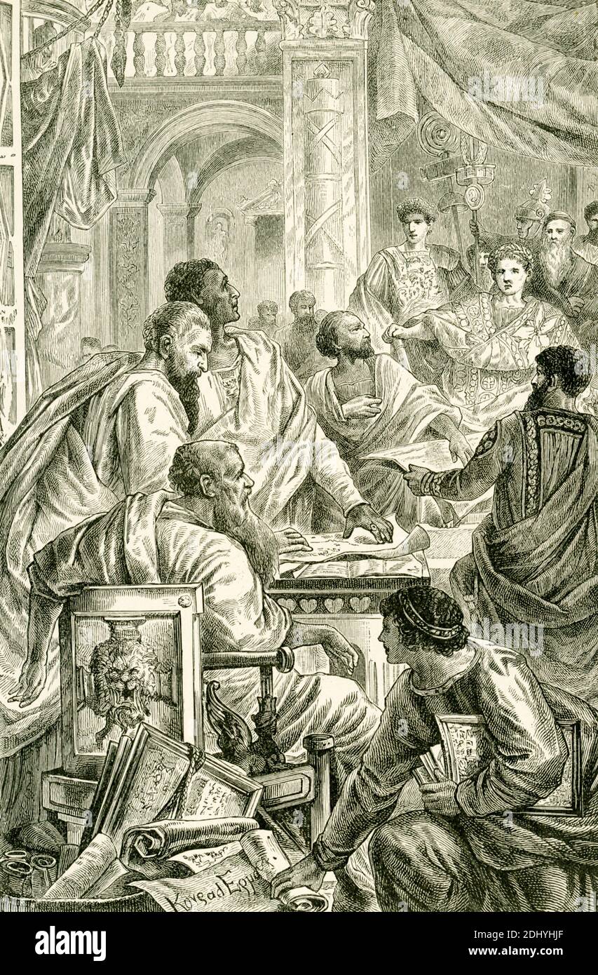 Das erste Konzil von Nicäa war ein konzil christlicher Bischöfe, die in der Bithynischen Stadt Nicäa vom römischen Kaiser Konstantin I. im Jahre 325 n. Chr. einberufen wurden. Dieses ökumenische konzil war das erste Bemühen, durch eine Versammlung, die die ganze Christenheit repräsentiert, einen Konsens in der Kirche zu erreichen. Stockfoto