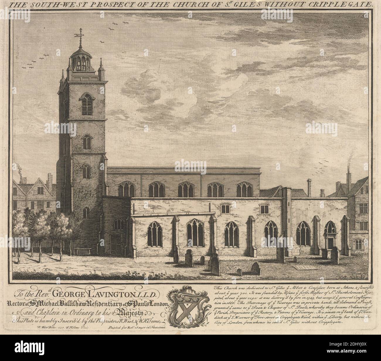 Der südwestliche Prospekt der Kirche St. Giles ohne Cripplegate, William Henry Toms, ca. 1700–ca. 1750, britisch, nach Robert West, aktiv 1744–1770, Irisch, 1737, Gravur, Blatt: 10 7/8 x 12 1/4 Zoll (27.6 x 31,1 cm Stockfoto