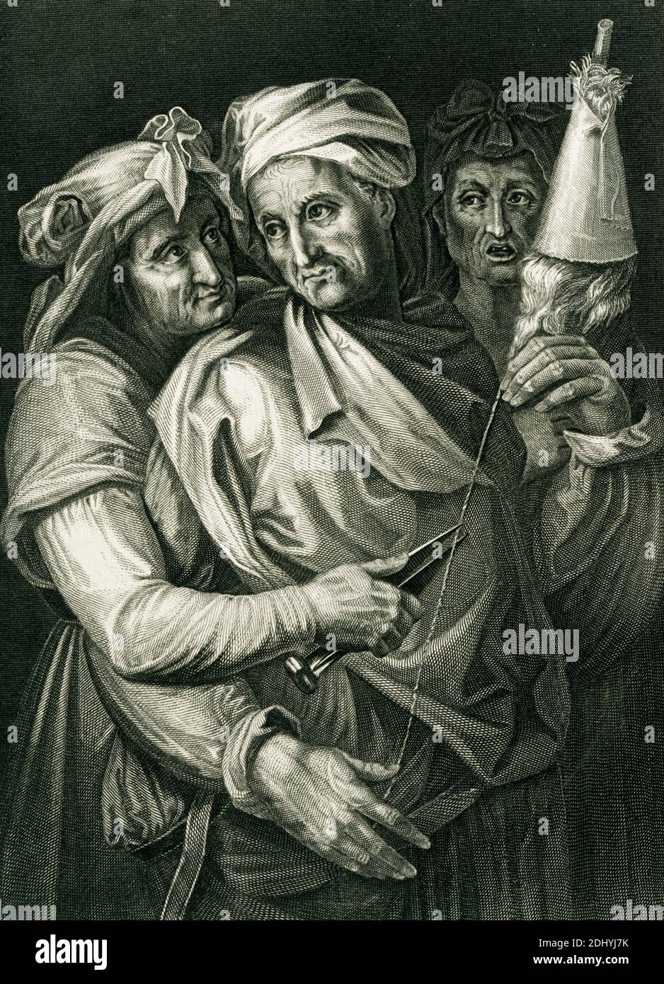 Dieses Gemälde mit dem Titel die Fates wird dem Florentiner Maler Michelangelo (1475-1564) zugeschrieben und ist im Palazzo Pitti in Florenc untergebracht. Die Römer nannten sie Parcae; die Griechen kannten sie als Moirai oder Moerae. Mit Namen waren sie Clotho, der den Faden des Lebens einer Person drehte; Lachesis, der den Faden Maß; und Atropos, der ihn Schnitt. Die Römer kannten sie als Nona, Decuma und Morta. Stockfoto