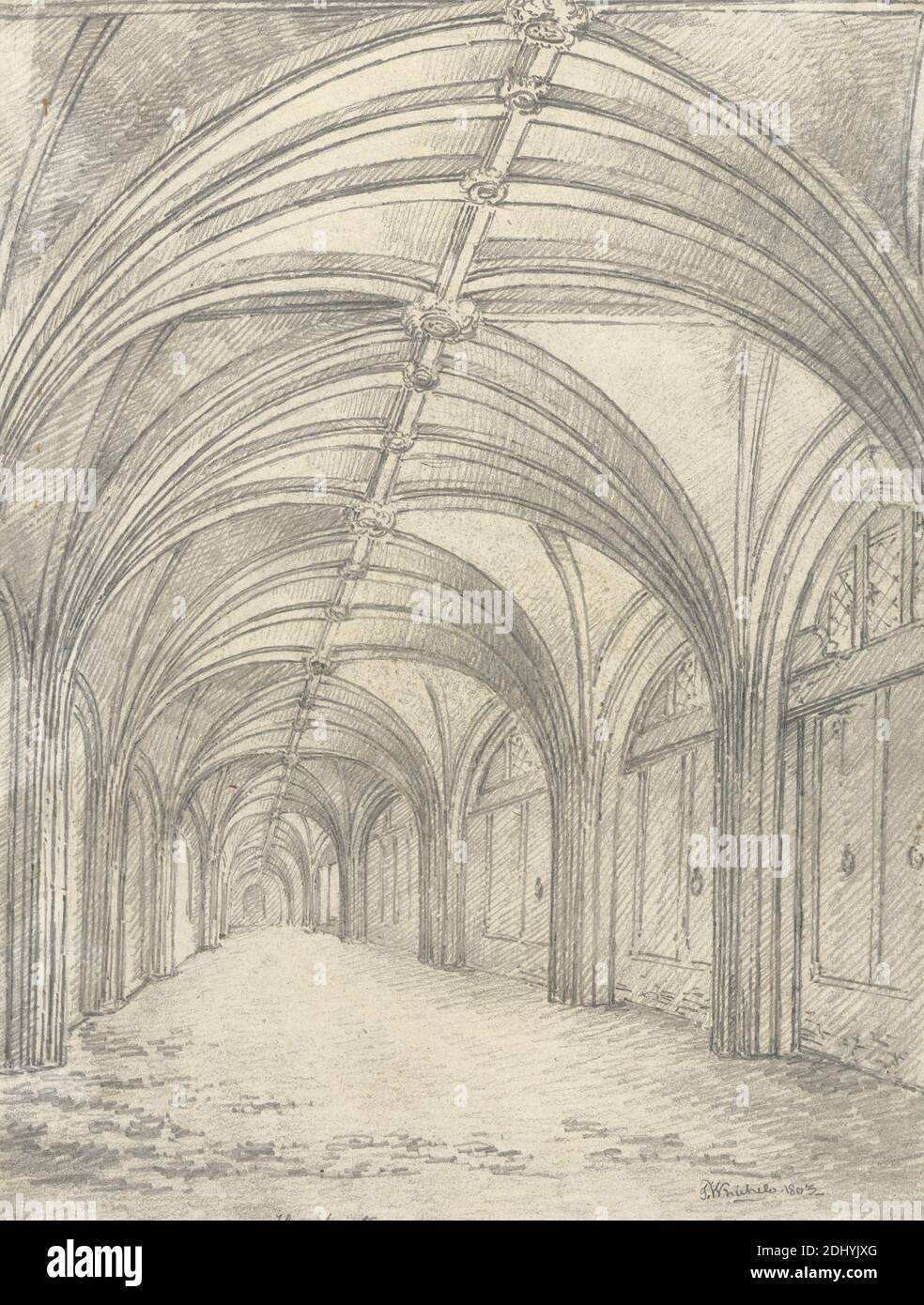 Innen eines Teils der Klöster, angrenzend an St. Bartholomews Porch, C. John M. Whichelo, 1784–1865, britisch, 1803, Graphit, Blatt: 12 x 9 1/8 Zoll (30.5 x 23,2 cm Stockfoto