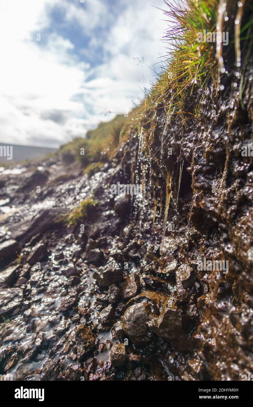 Detail von schlammigen Wanderweg mit tropfenden Wasser bei scottish isle of skye Stockfoto