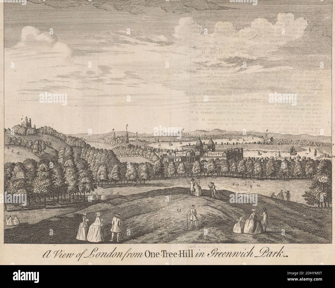 A View of London from One-Tree-Hill in Greenwich Park, unbekannter Künstler, achtzehnten Jahrhundert, nach Peter Tillemans, 1684–1734, Flämisch, aktiv in Großbritannien (ab 1708), undated, Engraving Stockfoto
