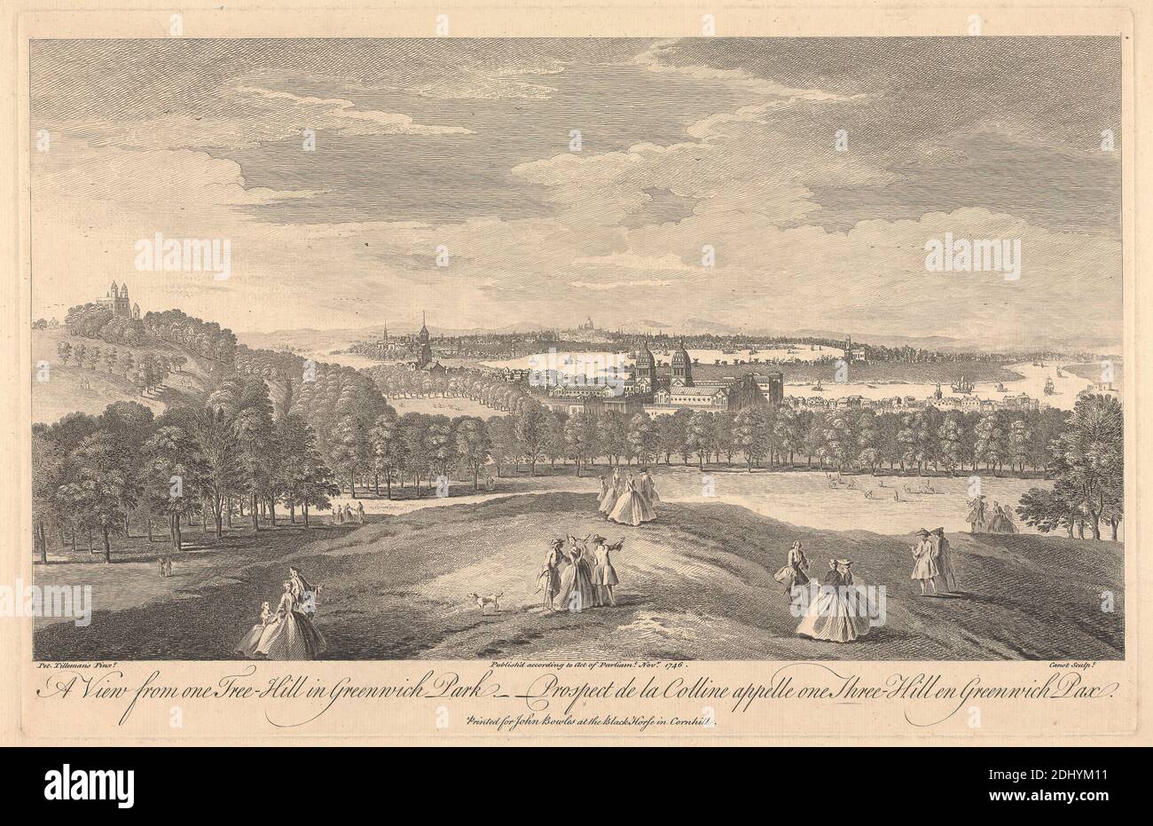 Ein Blick von One Tree Hill in Greenwich Park, Pierre Charles Canot, ca. 1710–1777, Französisch, in Großbritannien tätig, nach Peter Tillemans, 1684–1734, Flämisch, in Großbritannien tätig (ab 1708), 1746, Graving Stockfoto