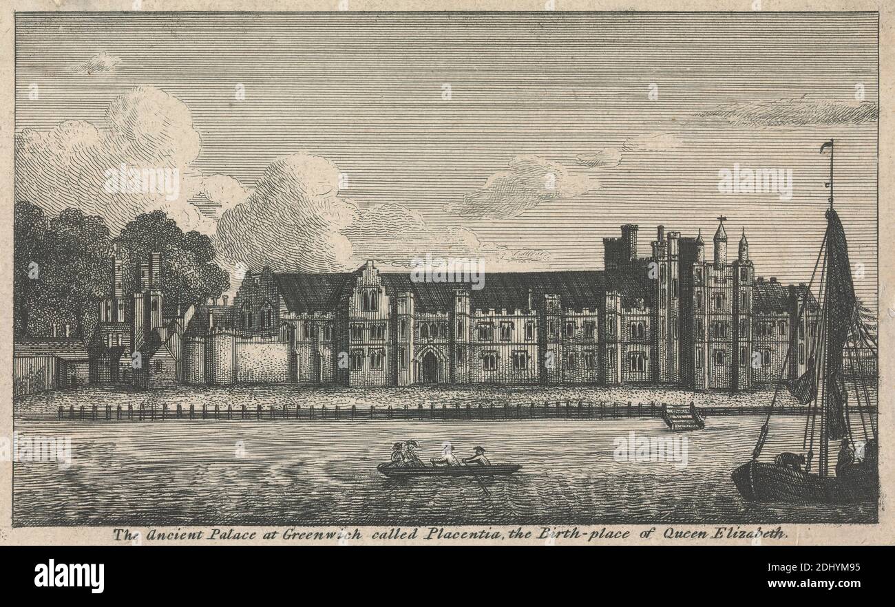 Der alte Palast in Greenwich namens Placentia, der Geburtsort von Königin Elizabeth, unbekannte Künstlerin, achtzehnten Jahrhundert, nach unbekannten Künstler, undated, Gravur Stockfoto