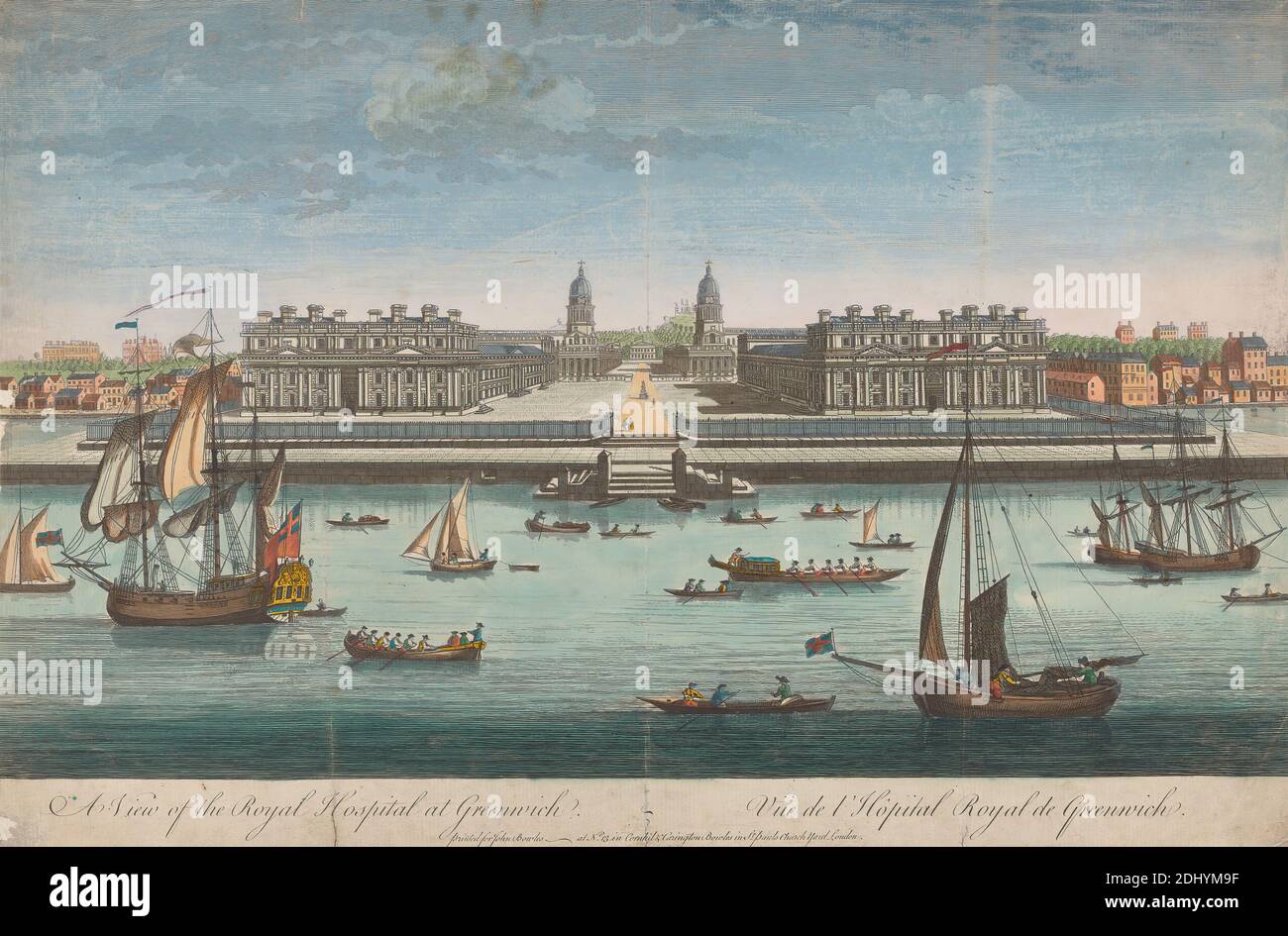 Ein Blick auf das Royal Hospital in Greenwich, unbekannter Künstler, 18. Jahrhundert, nach unbekannter Künstler, undatiert, handkolorierter Stich Stockfoto