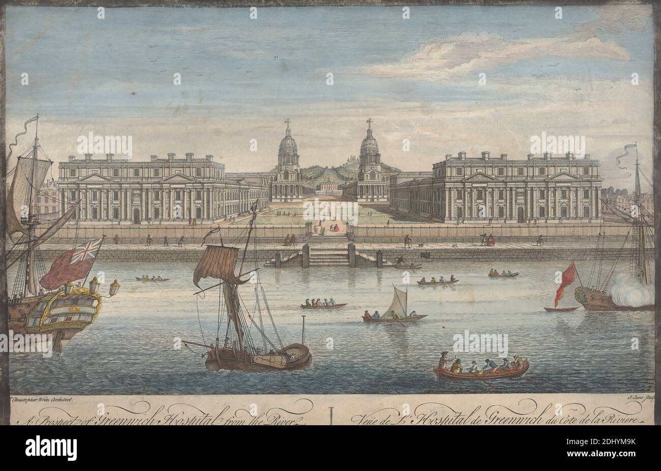 A Prospect of Greenwich Hospital from the River, John June, aktiv 1740–1770, nach unbekannter Künstler, undatiert, handkolorierter Stich Stockfoto