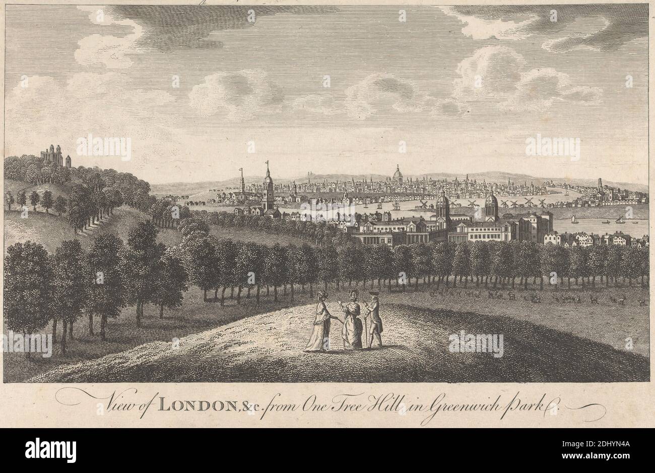 Blick auf London und Kirche von One Tree Hill in Greenwich Park, unbekannter Künstler, 18. Jahrhundert, nach unbekannter Künstler, undated, Gravur Stockfoto